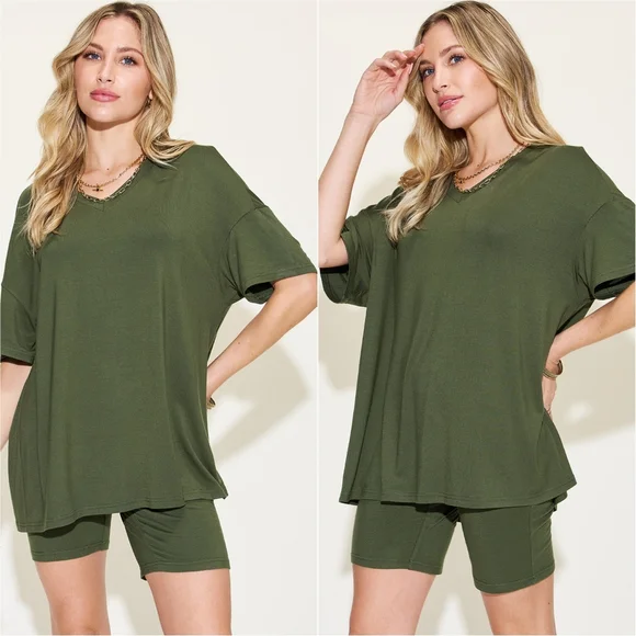 Easygoing V-Neck Shorts Set - Green - Picture 1 of 5